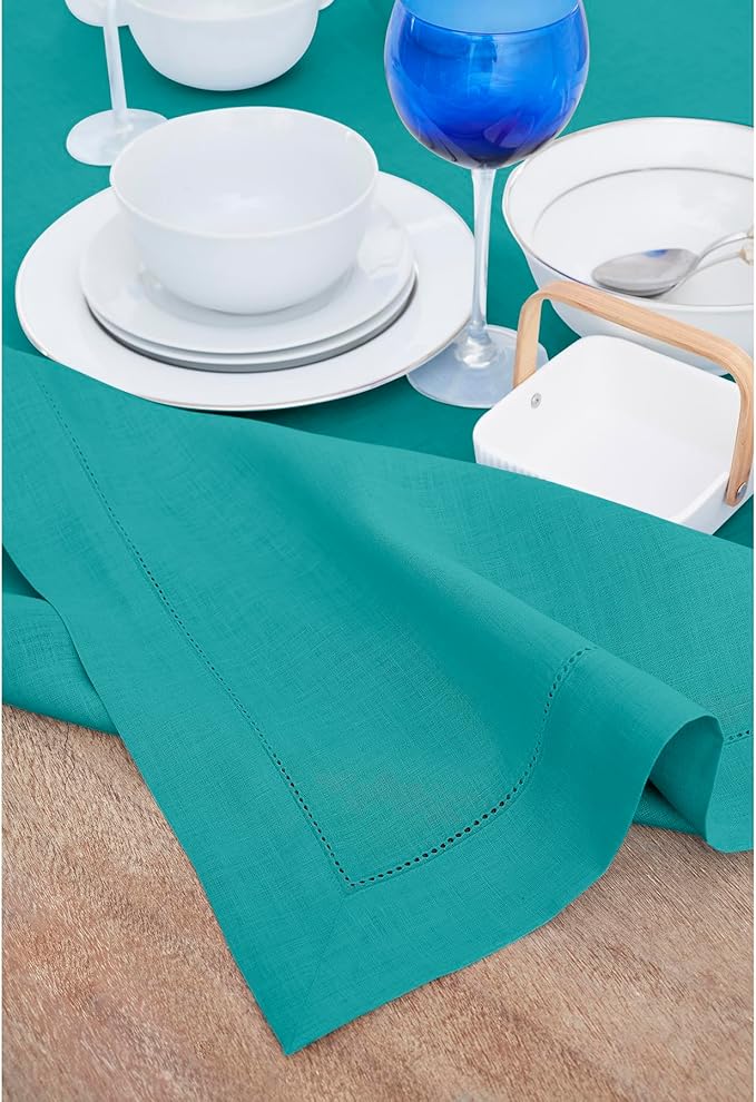 Solino Home Linen Tablecloth 60 x 156 Inch - Classic Hemstitch 100% Pure Linen Teal Table Cloth for Rectangle Tables - Machine Washable Tablecloth