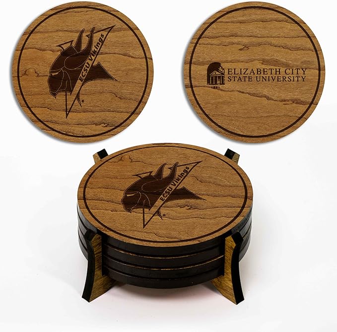 LazerEdge Elizabeth City State Vikings Wooden Coaster Set - Cherry Wood - Officially Licensed Product - 4-Pack