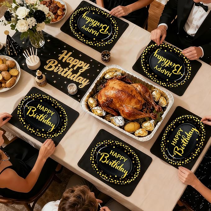 50Pcs Black and Gold Birthday Oval Paper Plates 10" x 12" Large Heavy Duty Disposable Black Gold Happy Birthday Decorations Golden Dessert Party Plate for Women Men Winter Xmas Holiday Party Supplies