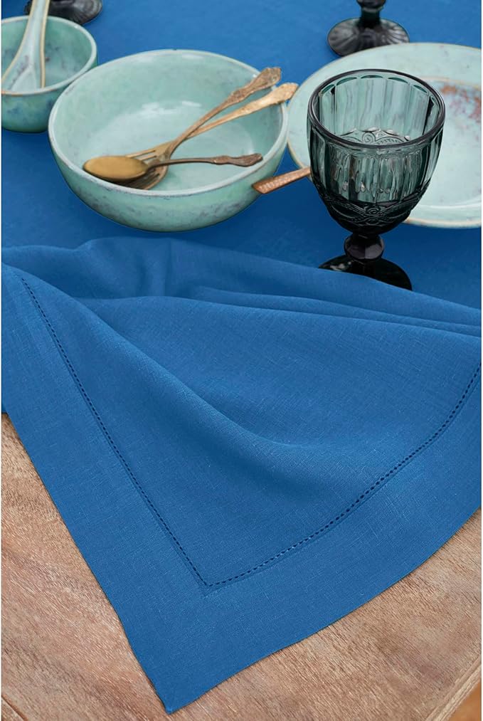 Solino Home Linen Tablecloth 60 x 108 Inch - Classic Hemstitch 100% Pure Linen Indigo Blue Table Cloth for Rectangle Tables - Machine Washable Tablecloth for Winter, Spring, Easter