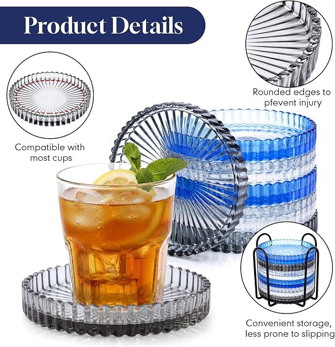 Remerry 6 Pcs Clear Crystal Coaster Set with Holder Glass Coasters for Drinks 4 Inch Drinks Crystal Round Cup Coasters Coffee Table Decor for Office Kitchen Bar Restaurant Patio (Classic Colors)