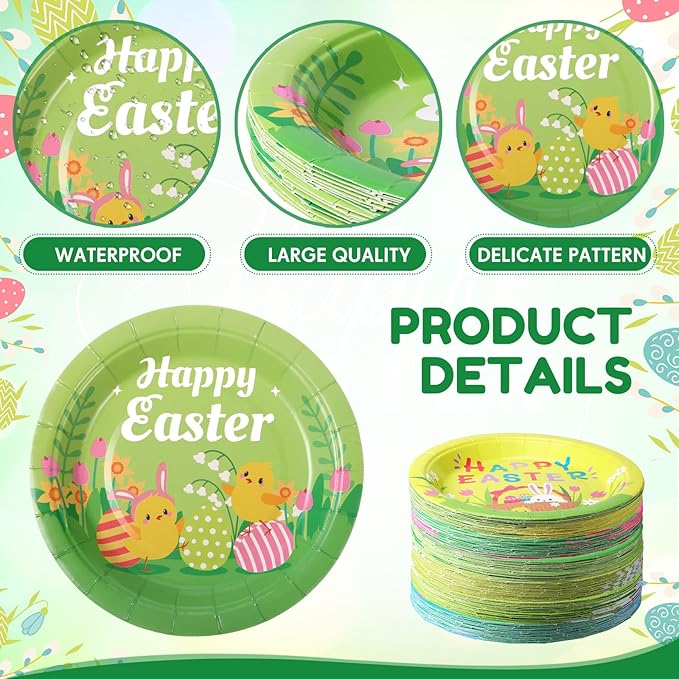 Umigy 120 Pieces Happy Easter Paper Plates Bulk 7 Inch Bunny Eggs Disposable Easter Party Spring Holiday Dinnerware Decorative Flower Dinner Plates for Spring Party Supplies, 6 Styles
