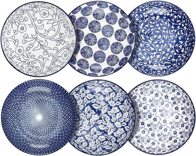 Selamica Porcelain Salad Pasta Bowls, Serving bowls, Microwave & Dishwasher Safe, Sturdy & Stackable - 26 Ounce, Set of 6, Vintage Blue