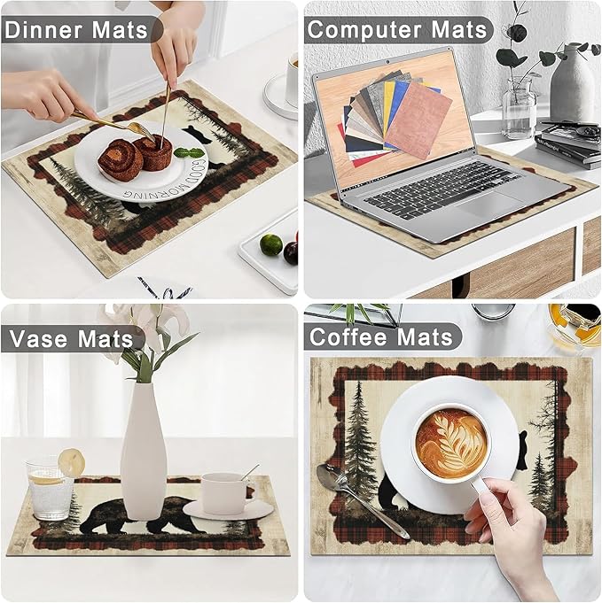 Bear Placemats Set of 4, Farmhouse Cabin Place Mats, Country Rustic Wild Animal Waterproof Washable Table Mats for Home Party Indoor Kitchen Dining Table Decoration 12x18 Inch