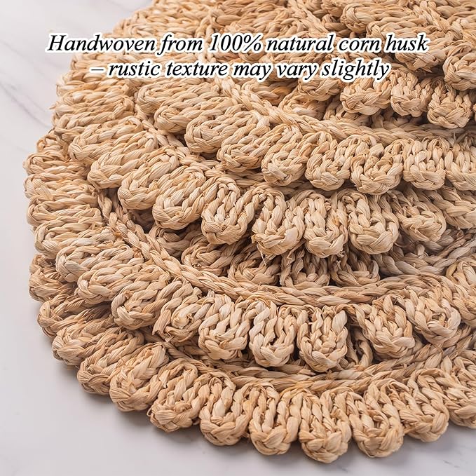 13.8" Set of 6 Round Corn Husk Placemats | Boho Woven Rattan Table Mats | Farmhouse Wicker Spring Plate Chargers Like Water Hyacinth, Seagrass for Wedding, Party, Christmas, Events