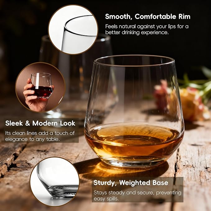 Stemless Wine Glasses Set of 6,13.5oz, Crystal Clear Red White Wine Glasses for Daily Use, Lead-free, Dishwasher Safe, Glasses Drinking Set, Ideal for Home Bar, Parties & Gifts