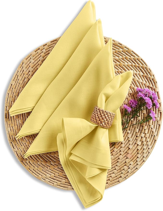 Solino Home Linen Cloth Napkins Set of 4-100% Pure Linen Sunshine Yellow Dinner Napkins 20 x 20 Inch for Spring, Easter - Fete, Handcrafted and Machine Washable