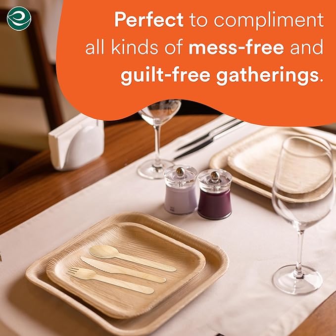 ECO SOUL 100% Compostable Palm Leaf Dinnerware Set For 75 Guests [10", 6" Square plates 75 Count each | Fork, Knife, Spoon, 100 Count each] | Biodegradable Disposable Utensils for Wedding, Parties