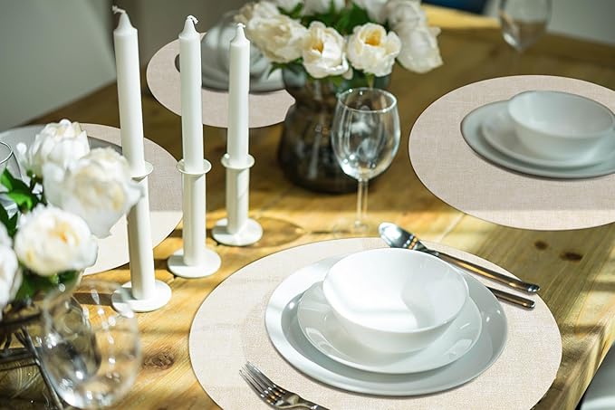 homing Round Faux Leather Placemat and Coaster 8 Packs, Washable Heat Resistant Dining Place Mats, Wipeable Double-Sided Table Mats for Indoor and Outdoor, Diameter 13 and 3.93 inch, Beige