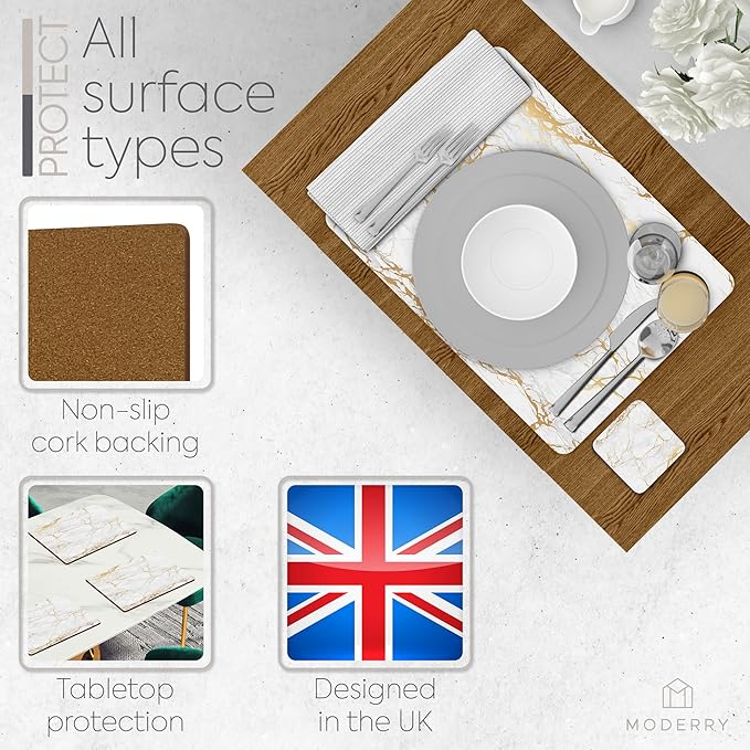 Set of 4 Heat Resistant Cork Placemats for Dining Table with Free Set of 4 Matching Drink Coasters Marble Design 16 x 12 Inches Cork Backed Hard Placemats (Foiled Gold)