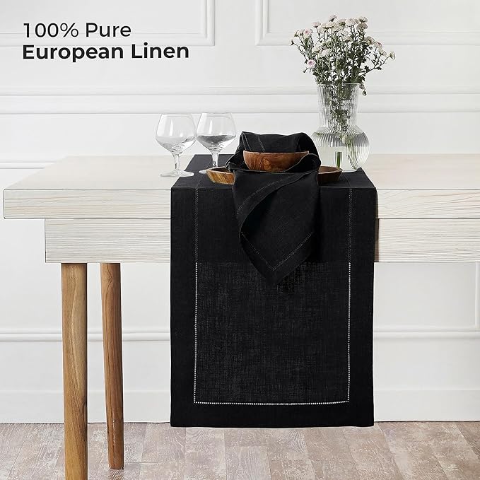 D'Moksha Homes Linen Black Table Runner 84 Inches Long - 100% Pure Linen Table Runner 14 x 84 Inch for Spring, Easter - Classic Hemstitch