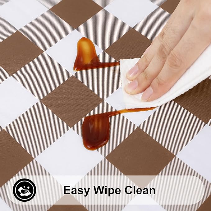 Smiry Rectangle Picnic Table Cloth, Elastic Waterproof Fitted Vinyl Tablecloths, Flannel Backed Buffalo Plaid Table Covers for Dining, Camping, Outdoor (White and Brown, 30" x 96")