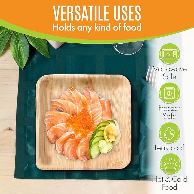 Raj Palm Leaf Plates Bulk [50-Pack] 7" Square Plates(20 CASES - 1000 PACK) like Bamboo plates Disposable, Strong, Decorative Compostable Tableware for weddings, Lunch, Dinner, Birthday, Camping