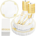 Ciaell 175 PCS White and Gold Plastic Plates - Fancy Gold Disposable Dinnerware Set with of 50 Plastic Plates, 25 Knives, 25 Forks, 25 Spoons, 25 Cups, 25 Napkins for Wedding, Party