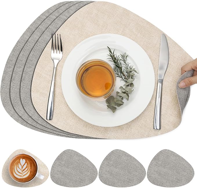 Placemats and Coasters, Washable Placemats Round Faux Leather Wipeable Place Mats Non Slip Heat Resistant Indoor Outdoor Table Mats (Set of 4, Light Gray Cream-White)