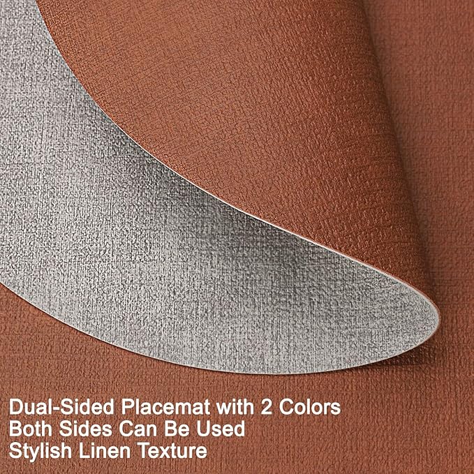 Placemats and Coasters, Washable Placemats Round Faux Leather Wipeable Place Mats Non Slip Heat Resistant Indoor Outdoor Table Mats (Set of 6, Light Gray Reddish Brown)