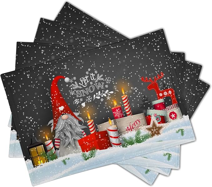 Giwawa Christmas Gnome Placemats, Xmas Elf Reindeer Place Mat for Kitchen Dining, Winter Snowflakes Non-Slip Washable Table Mats for Tabletop Holiday Camping Decor, Set of 4, 12"x18"