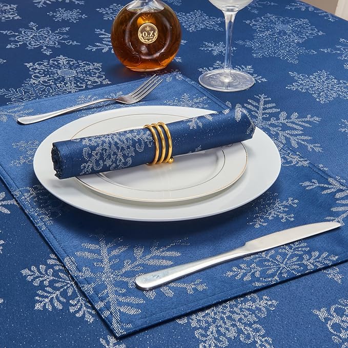 Cloth Place Mats Set of 8–Reusable Rectangular Waterproof Fabric Polyester Washable Wipeable Heat Resistant Jacquard Sparkling Metallic Snowflake for Kitchen Table(Navy Silver/13x19 Inch)