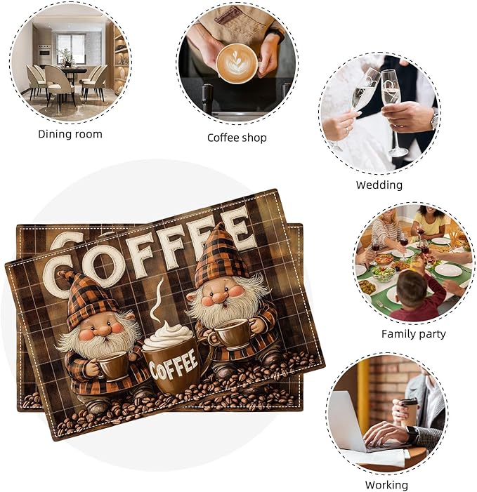 Coffee Gnomes Placemats Set of 4, Cafe Station Table Mats, Washable Place Mats for Coffee Bar Home Party Indoor Kitchen Dining Table Decor 12x18 Inch