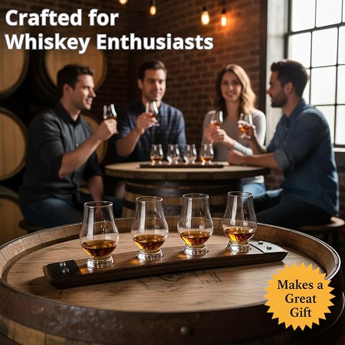 Barrel Stave Premium 4 Glass Whiskey Flight Serving Tray No Glasses Included, Natural