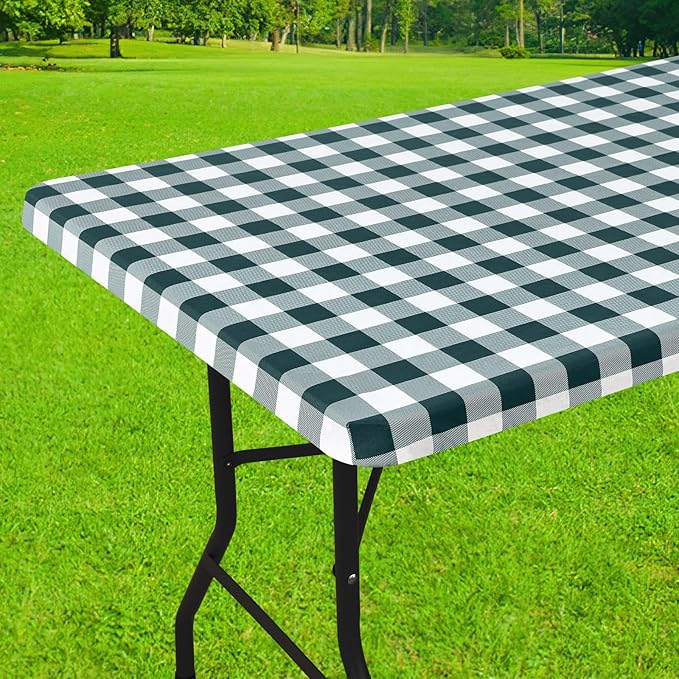 Smiry Rectangle Picnic Table Cloth, Elastic Waterproof Fitted Vinyl Tablecloths, Flannel Backed Buffalo Plaid Table Covers for Dining, Camping, Outdoor (Hunter Green and White, 24" x 48")