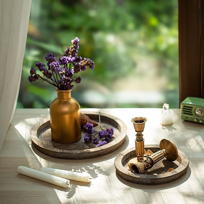 Romadedi Rustic Wooden Tray Candle Holder - Small Decorative Plate Pillar Candle Tray Wood for Farmhouse Dinning Table Kitchen Countertop Coffee Table Organizer Home Decor Wedding Centerpiece, S+L
