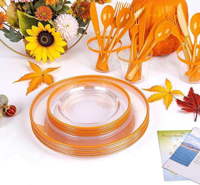 SUT 350Pcs Orange and Clear Plastic Dinnerware Set for 50 Guests, Include: 50 Dinner Plate, 50 Dessert Plates, 50 Pre Rolled Napkins With Silverware, 50 Cups, Disposable Plates for Party