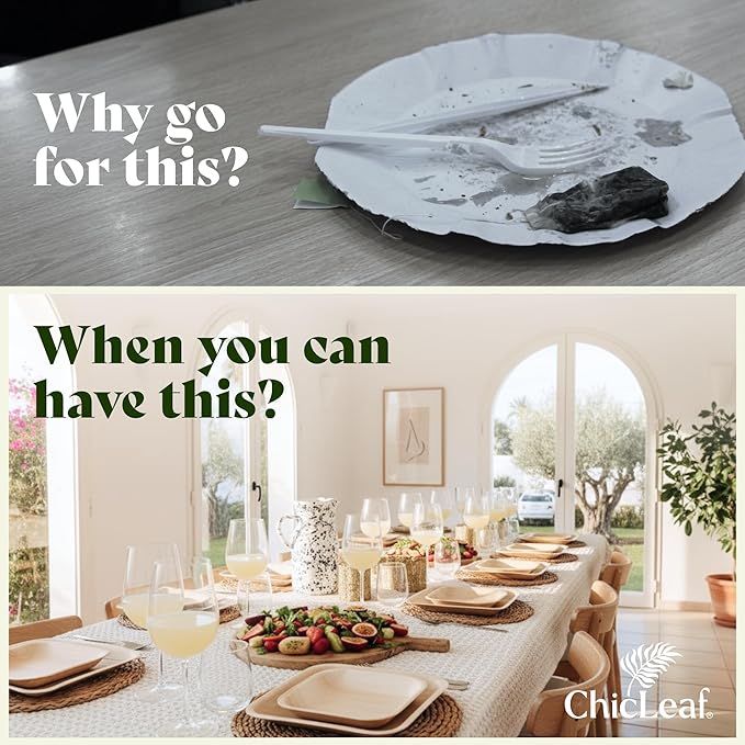 Chic Leaf Compostable Palm Leaf Plates & Cups Set - 10 In & 7 In Pack of 45, Natural - Biodegradable Tableware & Disposable Plates & Cups - Durable Bamboo Utensils, Valentine's Romantic Table Setting