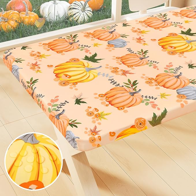 Smiry Plastic Thanksgiving Tablecloth, Pumpkin Wipeable Flannel Backed Vinyl Tablecloths for 6 Foot Tables, Waterproof Elastic Fitted Table Covers for Autumn Harvest, Parties (Orange, 30x72 Inches)