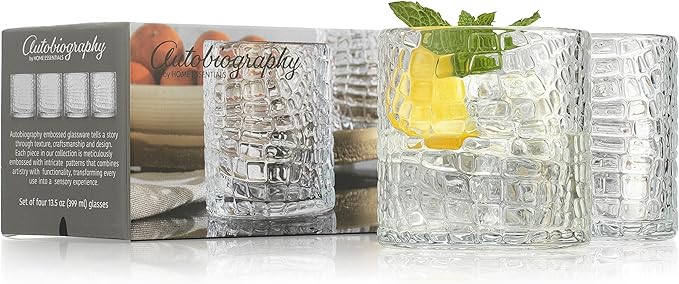 Glaver's DOF Set of 4 Clear 13oz Drinking Glasses Patent Crackle Textured Design Double Old Fashioned Whiskey Glasses Home Everyday Bar Glassware