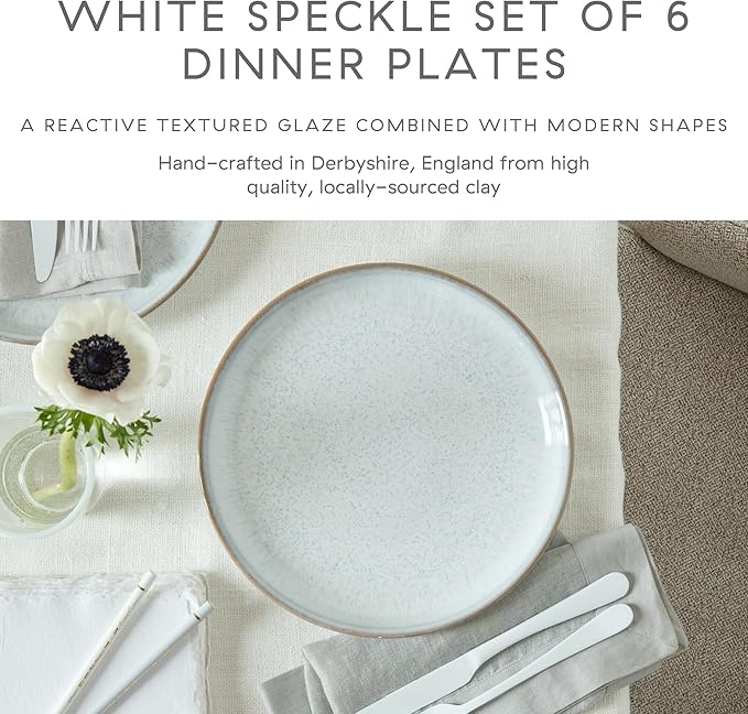 Denby - White Speckle Dinner Plates Set of 6 - White Reactive Glaze Patterned - Dishwasher, Microwave Safe Crockery 8.25" - Large Ceramic Stoneware Tableware - Chip & Crack Resistant