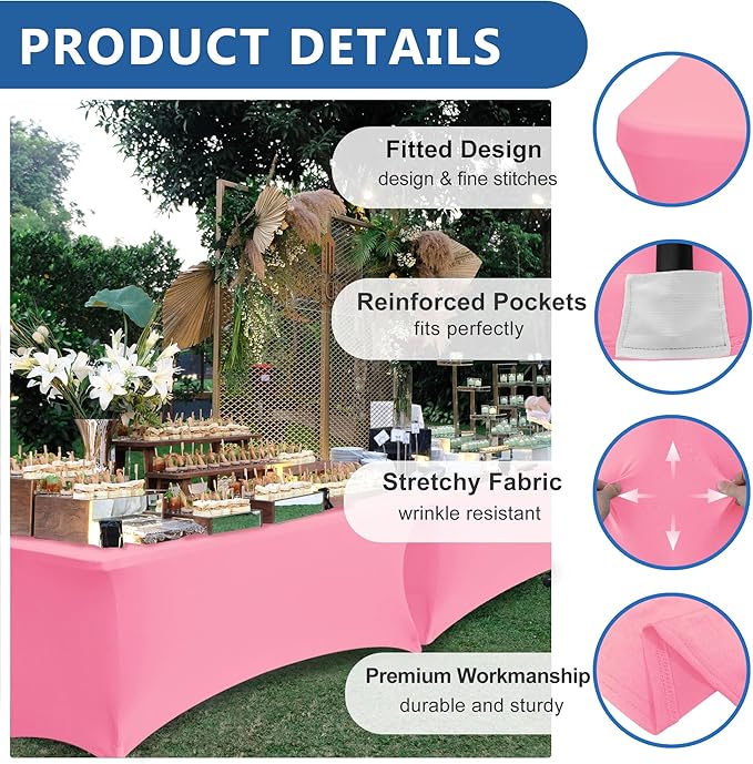 Table Cover for 6 Foot Rectangle Tables-8 Pack Pink Fitted Stretch Tablecloth-Elastic Spandex Tablecloths for Party, Wedding, Vendor Booth Display, Banquet Buffet Event, Craft Trade Show