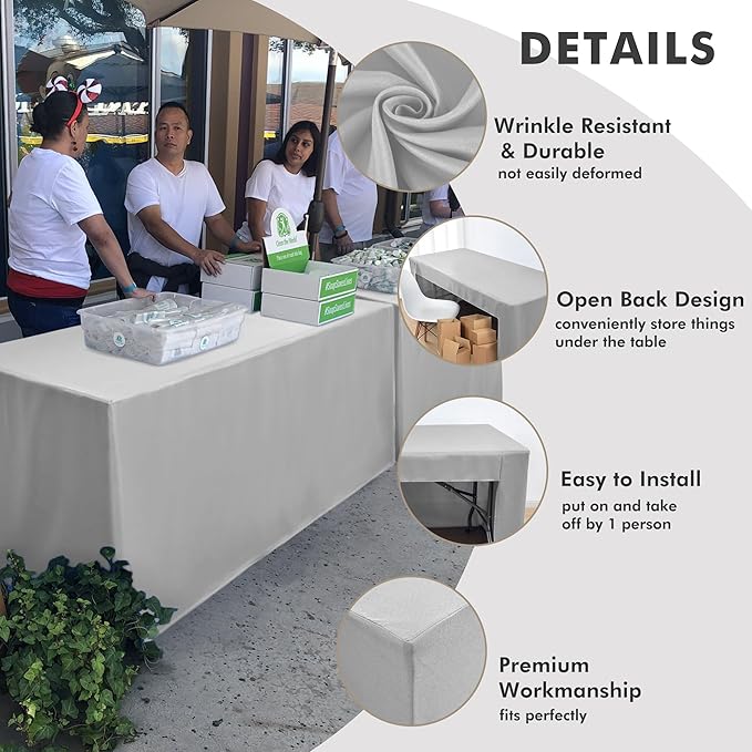Nasitos 2 Pack Silver 6ft Fitted Tablecloth for Rectangular Table-Open Back Folding Table Cover Washable Fabric and Wrinkle Resistant Tablecloth for Parties, Wedding, Craft Fair, Cocktails, Weddings