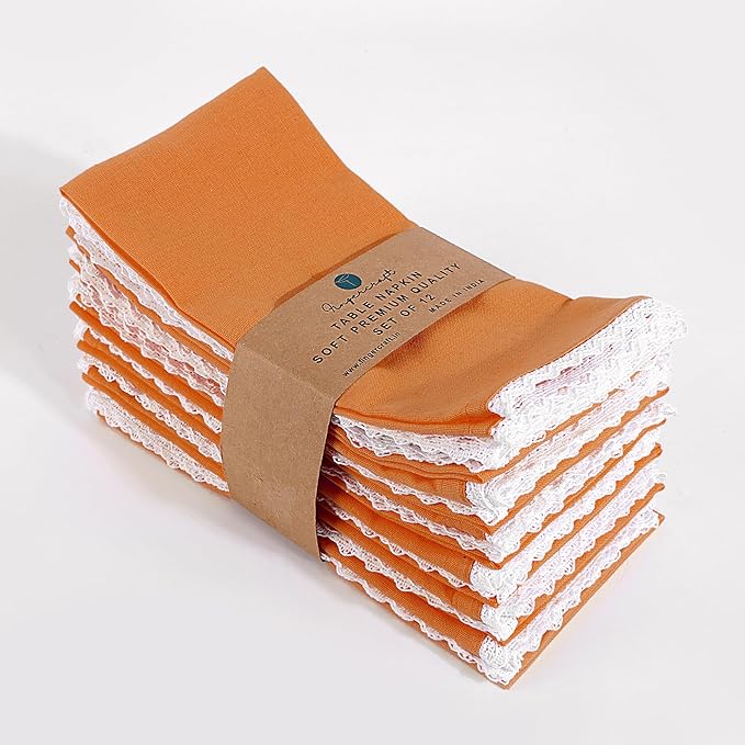 Fingercraft Dinner Cloth Napkin Cotton Linen Blend 12 Pack Mitered Corners with Elegant Lace for Everyday Use Napkins are Pre Shrunk and Good Absorbency (Rust, 20in x 20in (Set of 12))