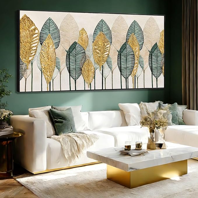 CHUDANHAO Green and Gold Wall Art Leaves Wall Decor Modern Canvas Painting 32"x70" Pictures for Dining Room Area Large Artwork for Living Room