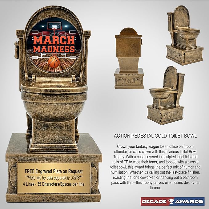 Decade Awards Action Pedestal Gold Toilet Bowl Trophy with Optional Inserts - Custom Engraved Plate On Request (7 Inch Tall)