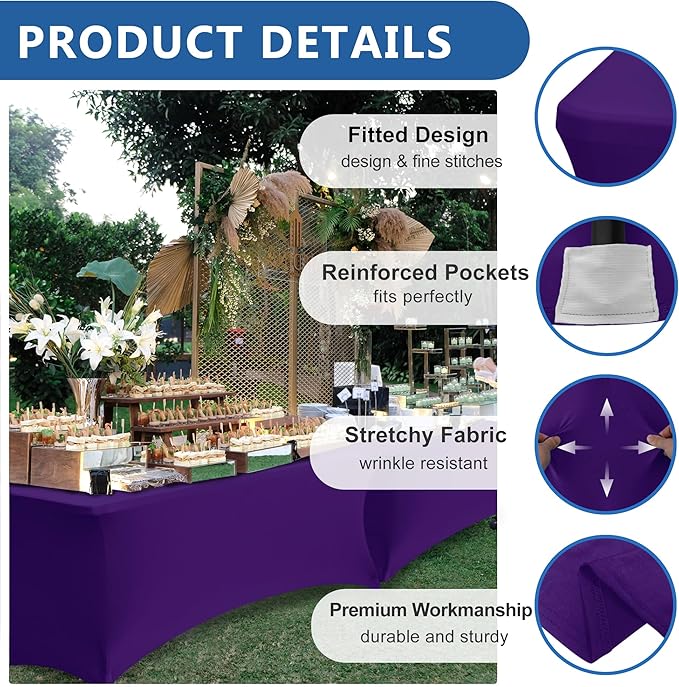 Fitted Stretch Table Cover for 6 ft Rectangle Tables-8 Pack Dark Purple Spandex Tablecloth-Elastic Folding Tablecloths for Party, Vendor Booth Display, Banquet Buffet Event, Craft Trade Show