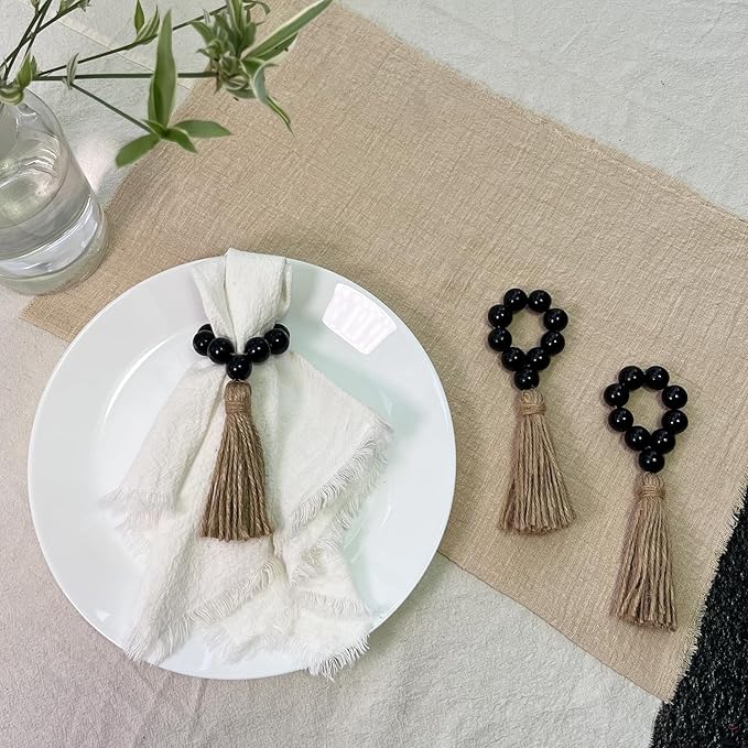 Napkin Rings Set of 12,Wooden Napkin Ring,Wood Bead Elastic Farmhouse Napkin Holder with Tassel,Boho Napkin Rings for Table Decor,Weeding,Dinner,Party (Black)