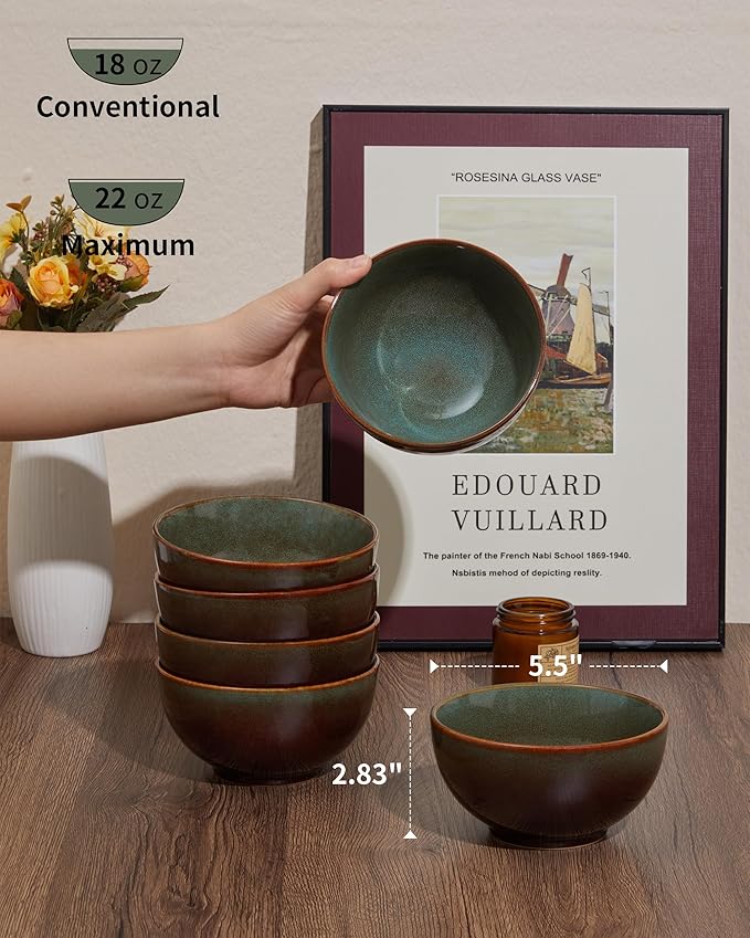Stoneware Cereal Bowls Set of 6, 22 Oz Soup Bowls Set for Cereal Soup Snacks, Modern Kitchen Bowls for Meal, Dishwasher & Microwave Safe-Brown and Green