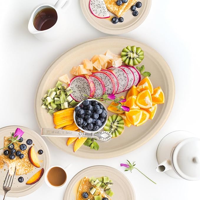 100pc Disposable Oval Paper Plates, 12.5" Biodegradable Compostable Heavy Duty Bagasse Platters Eco-Friendly Sugarcane Plates for BBQ, Party, Picnic - Natural Pulp