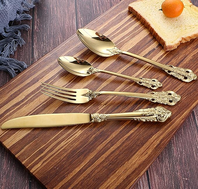 Gold Silverware Set 18/10 Stainless Steel Flatware Sets Palace Style 48 Piece Delicate Cutlery Set for 12 Durable Home Kitchen Wedding Tableware Utensil Include Knifes Teaspoons Forks and Spoons