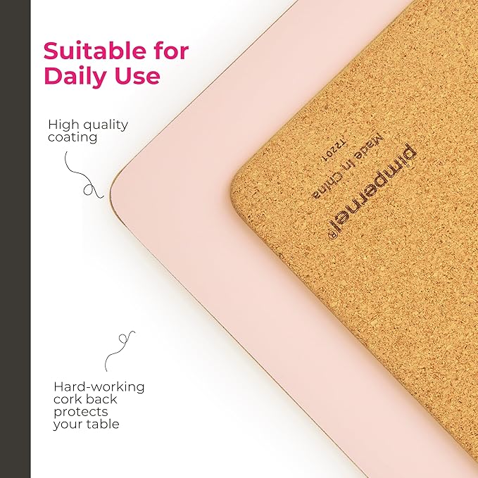 Pimpernel Millennial Pink Placemats, Set of 4 – (15.7" x 11.7") Elegant Blush Rose Dining Table Mats with 5mm Cork Backing, Heat & Stain Resistant Lacquer Finish, Rectangular Design