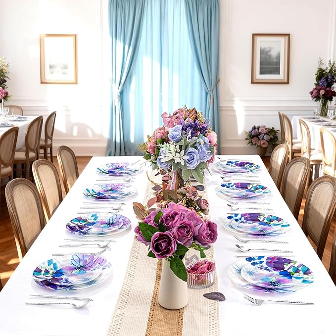DaYammi 20Pcs Purple Plastic Plates with Watercolor Floral Plates Heavy duty Watercolor floral Plastic Plate 10.25 inch Dinner plates and 7.5 inch Dessert plates for Valentine's Day Party Wedding