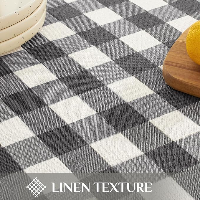 Softalker Checkered Tablecloth Rectangle, Outdoor Linen Cotton Gingham Table Cloth with Tassel, Heavy Duty Wrinkle Free Buffalo Plaid Table Cover for Kitchen Dining Home Party - 55 x 102 Inch, Black