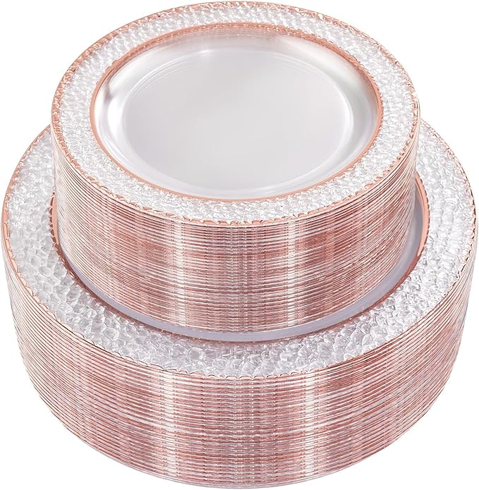 102PCS Rose Gold Plastic Plates - Clear Rose Gold Disposable Plates Include 51PCS 7.5inch Dessert Plate 51PCS 10.25inch Dinner Plate Perfect for Weddings Valentine's Day Parties