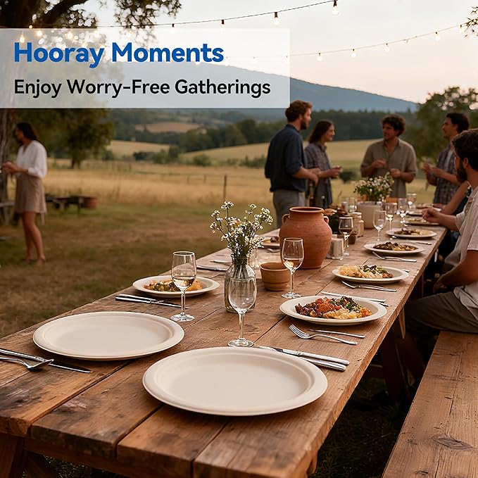9 Inch Heavy Duty Paper Plates 125 Pack – Sturdy Disposable Plates, Compostable Biodegradable Sugarcane & Bamboo Fiber, Natural Paper Plate for Dinner Camping Everyday Use