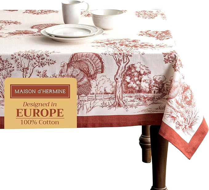 Maison d' Hermine Table Cloth Rectangle Table 100% Cotton 70 x 90 Inches Fall Tablecloth Reusable Everyday Use for Thanksgiving Christmas Decorations Dining Farmhouse Party (Holy Jouy - Red)