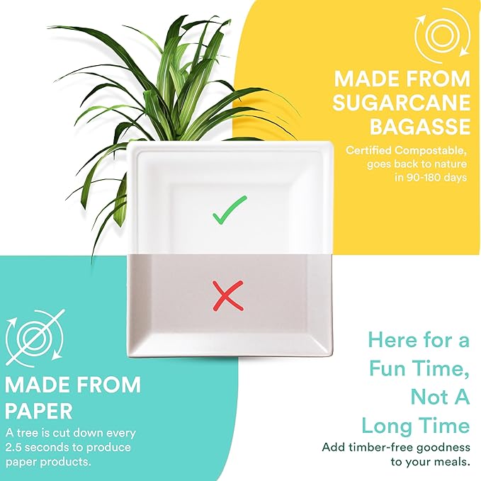 ECO SOUL Compostable Square Paper Plates 6 Inch (100 Count) Small Plates for Dessert, Heavy Duty, Eco-Friendly Sugarcane Bagasse For Appetizer- White