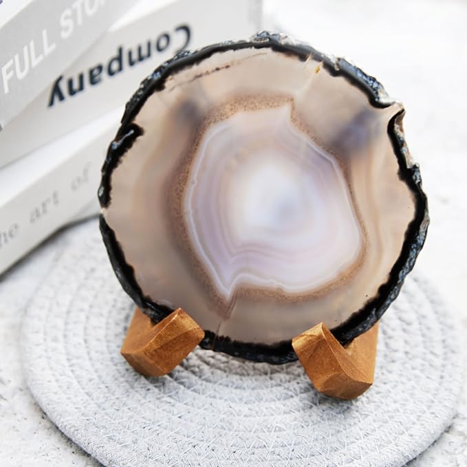 Luxury Lane Large Natural Brazilian Agate Slice Geode Rock Stone Drink Coaster with Wood Holder 4.7-5.5 inch Centerpiece Table Decoration, Ash Gray