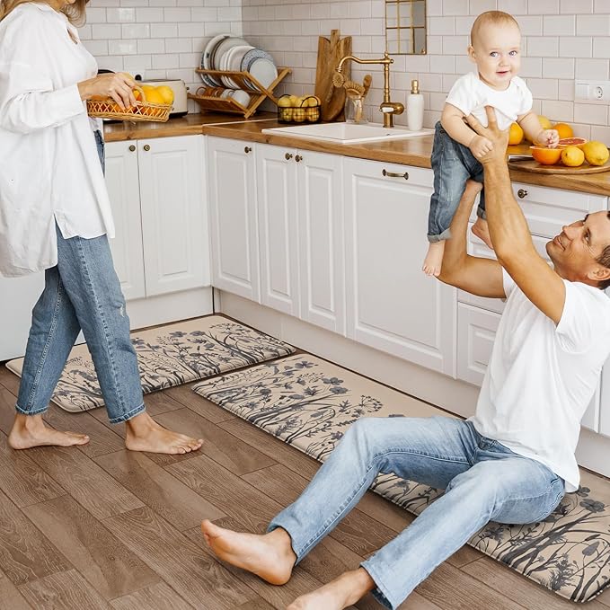 KIMODE Anti Fatigue Kitchen Mats for Floor, Farmhouse Kitchen Rugs Sets of 2, Cushioned Kitchen Floor Mats, Comfort Standing Mat for Sink, Laundry, Office, Desk Brown/Grey 17"x47"+17"x29"
